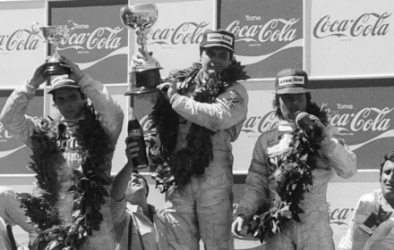 1980- Nelson Piquet & Keke Rosberg finish behind Alan Jones at the Argentina GP