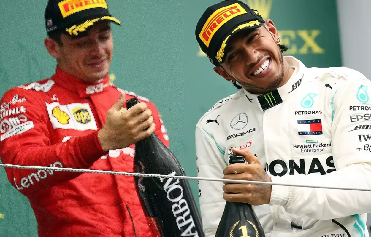 Lewis Hamilton and Charles Leclerc Celebrate on Podium