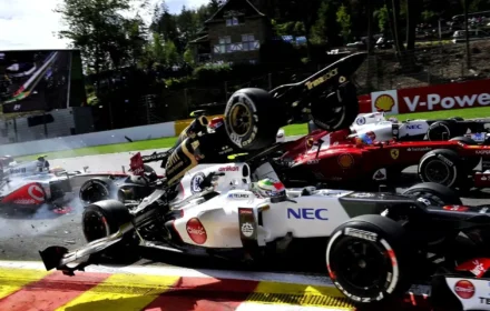 Romain Grosjean crash at the 2012 Belgian GP (Spa), taking out Alonso, Hamilton and others.