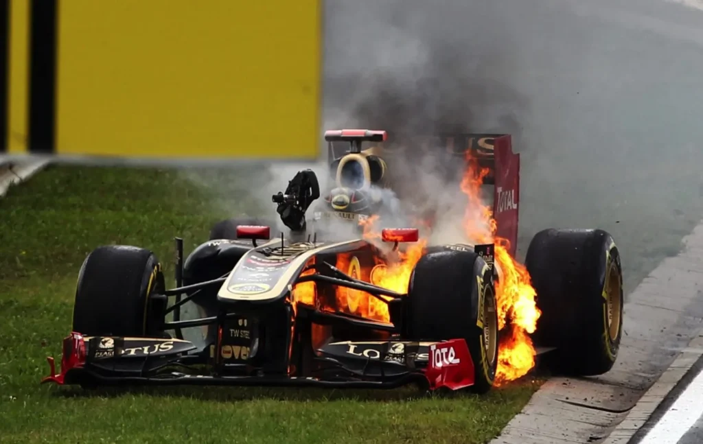 Nick Heidfeld's Lotus on fire during the 2011 Hungarian GP