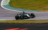 Dynamic shot of a Formula 1 car speeding around the Interlagos circuit in São Paulo