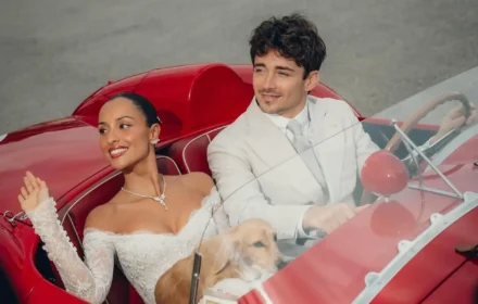 alexandra leclerc and charles leclerc wedding day sat in ferrari road car